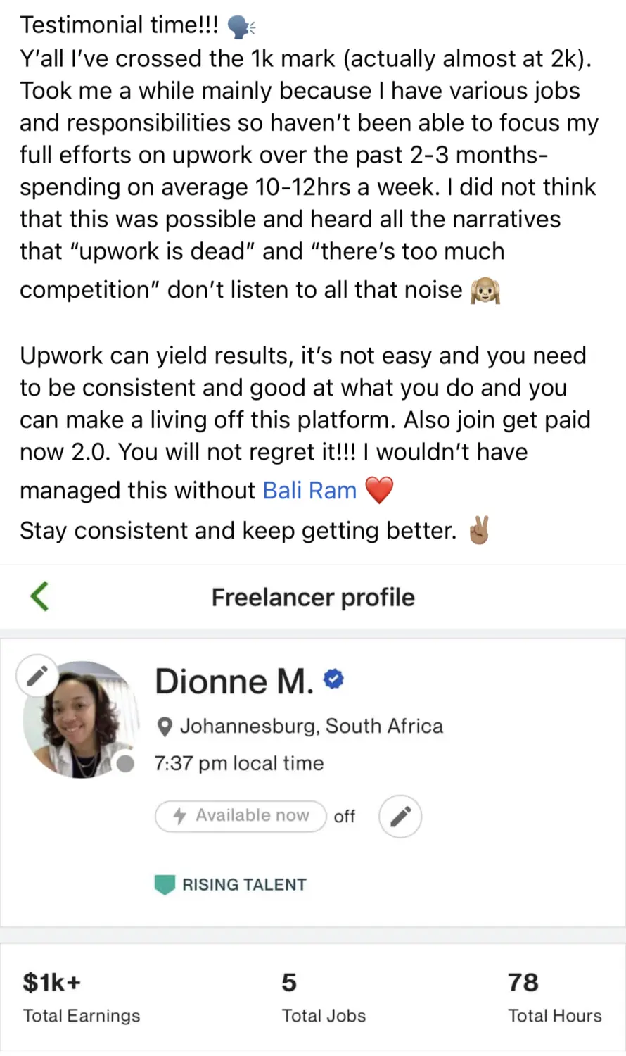 Dionne's Upwork earnings and testimonial
