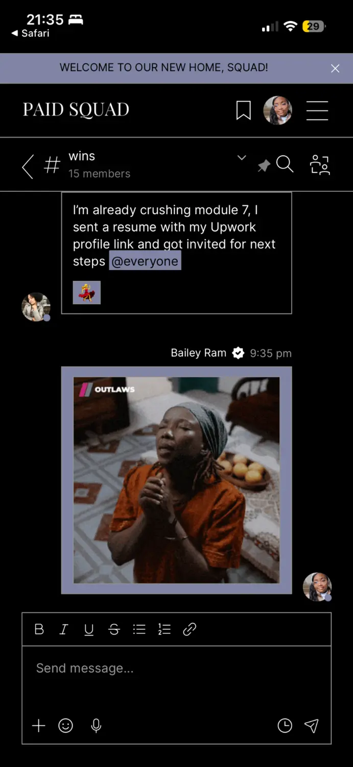 Remote-job invitation shared inside the Paid Squad