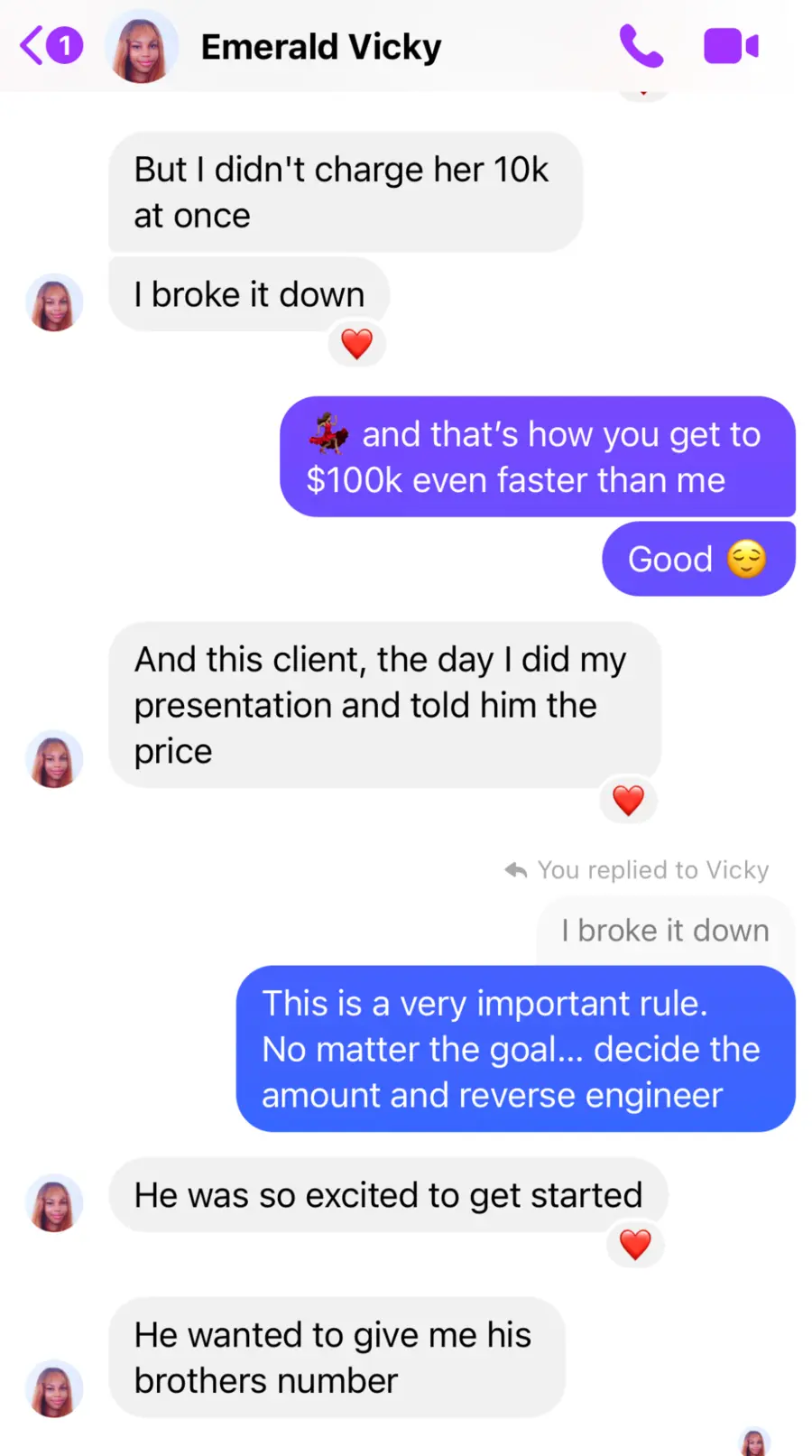 Vicky sharing how she landed a ten-thousand-dollar client