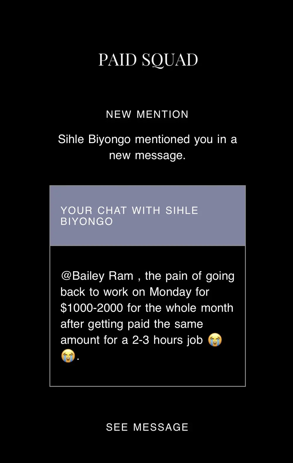Sihle's message about whether to commit to freelancing or continue with her job
