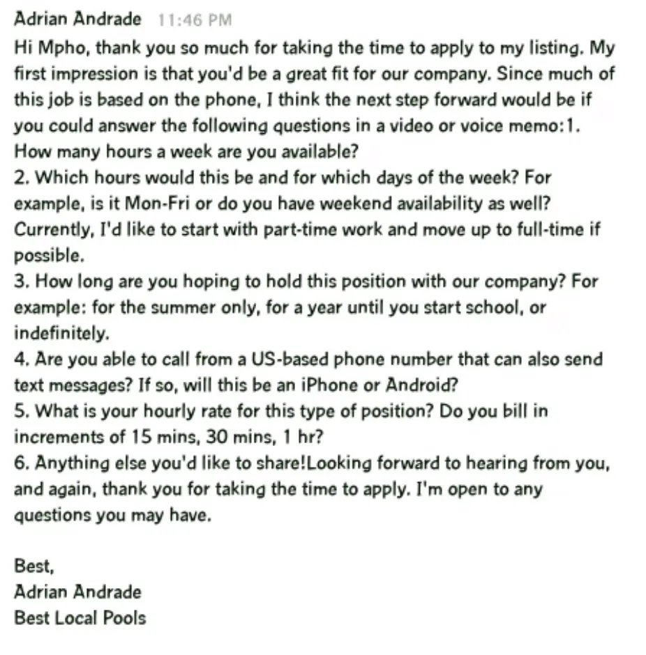 Message from Mpho's client about her proposal