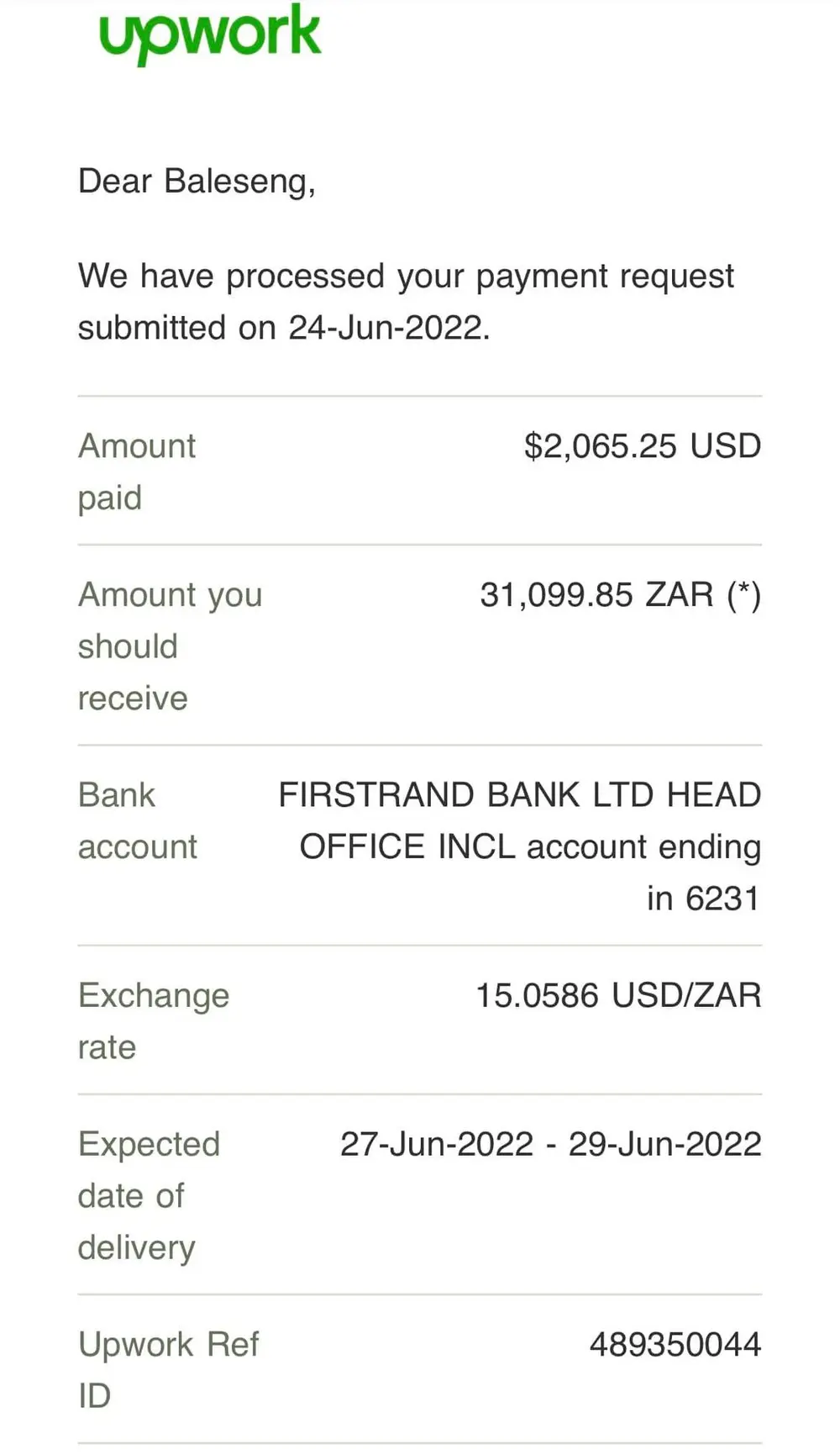 Bailey's 2022 global freelancing receipt